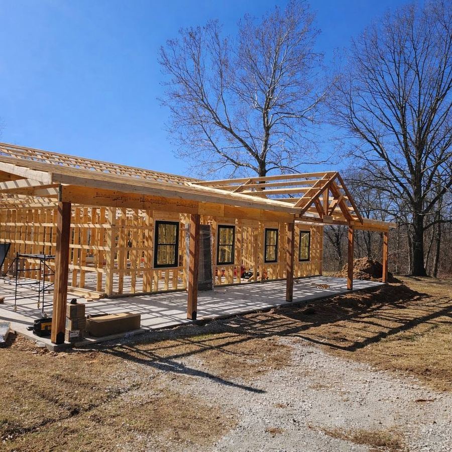 Wood framing and roof trusses of a barndominium under construction